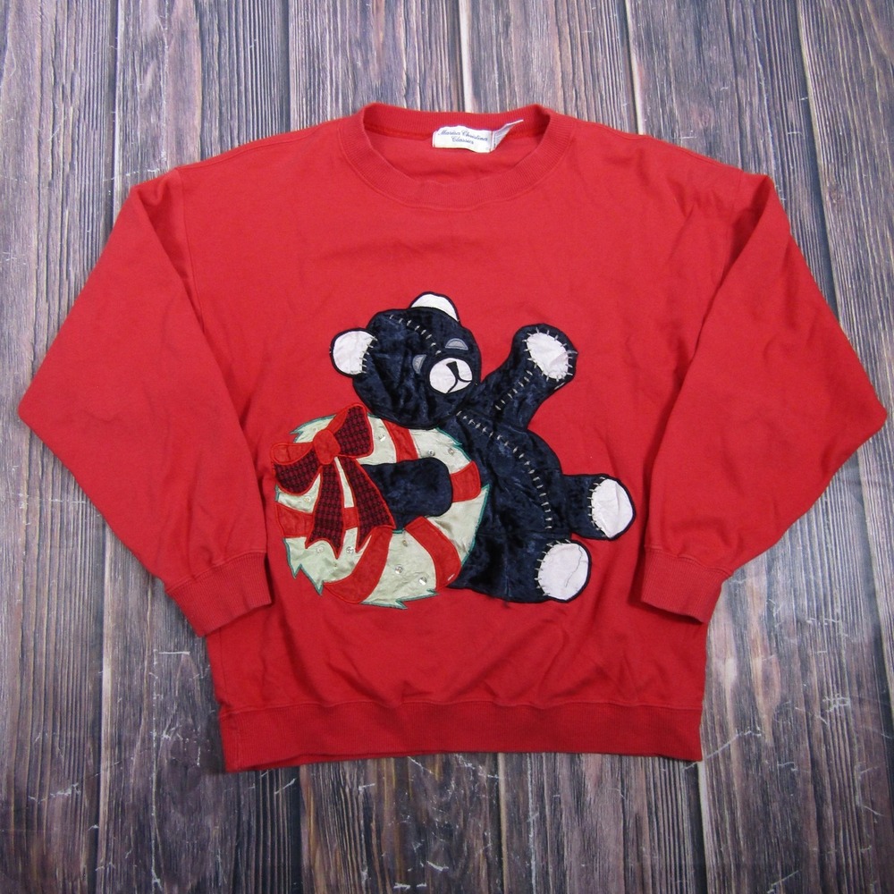 Vintage Marisa Christina Womens Large Red Teddy Bear Christmas Granny Sweater